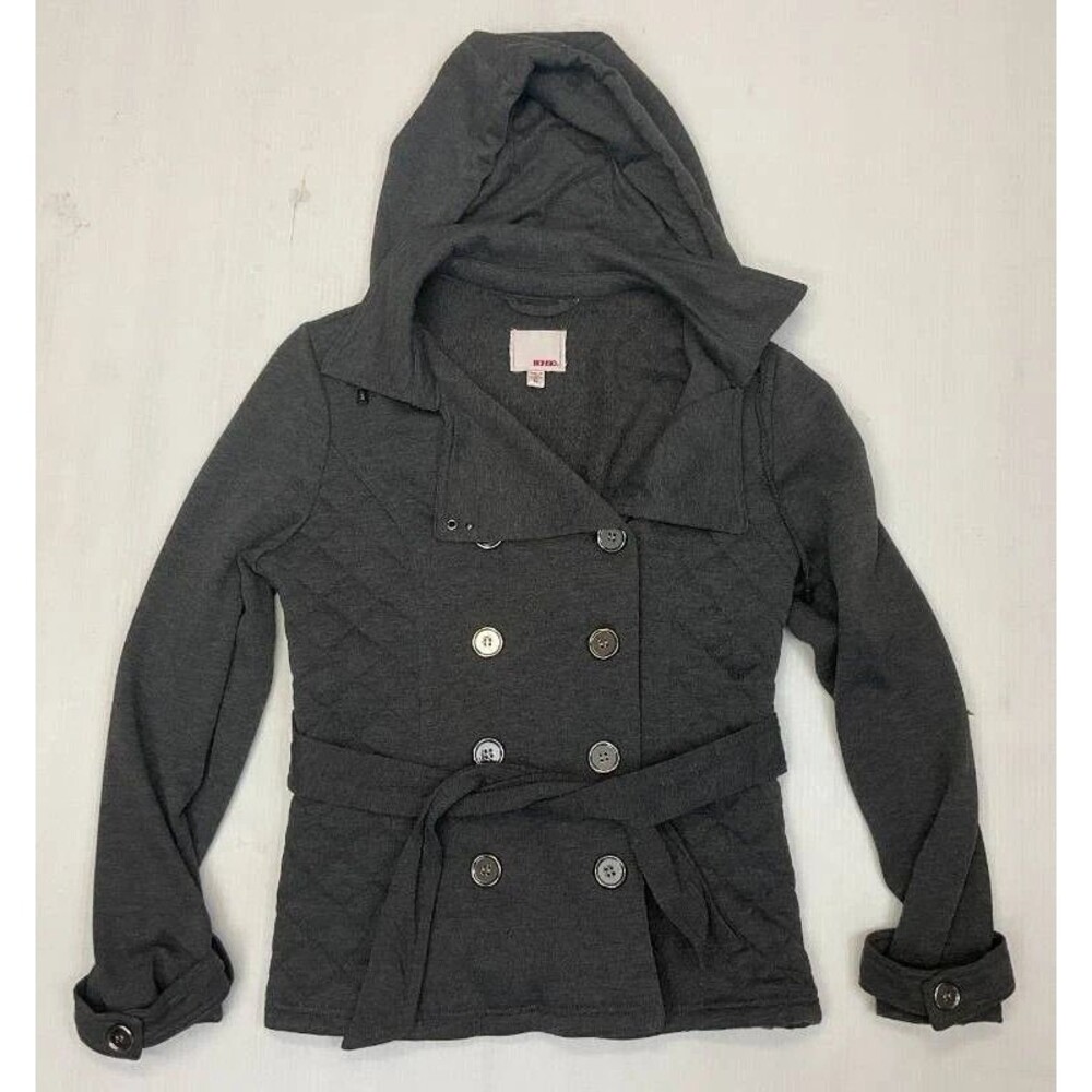BONGO Gray Hooded Peacoat Double Breasted Belted Quilted Knit Jacket Size Medium